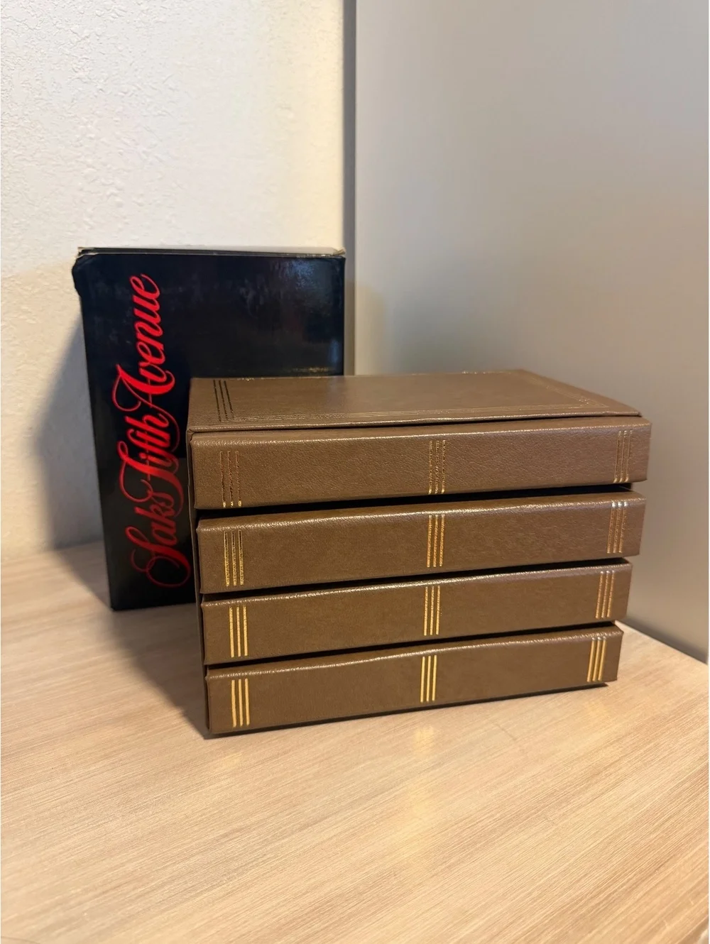 Vintage Saks Fifth Avenue Brown Photo Album ‘Leather Library’ Set with Box